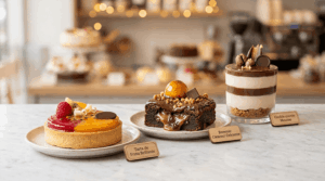 Selección de tres postres individuales sobre barra de mármol: tartaleta de fruta brillante, brownie con relleno fluido de cajeta y vasito de mousse en capas, cada uno identificado con etiquetas de madera en una pastelería.