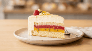 Rebanada de pastel frío de vainilla servida en un plato artesanal, mostrando capas de relleno cremoso de frutos rojos y maracuyá, cubierta con glaceado blanco y frutas frescas. Repostería