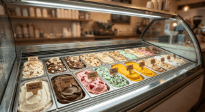 Vitrina exhibidora de heladería con múltiples tinas de helado de consistencia firme en variedad de sabores, ordenadas y marcadas con etiquetas de madera. Al fondo se aprecia el interior iluminado del local con desenfoque.